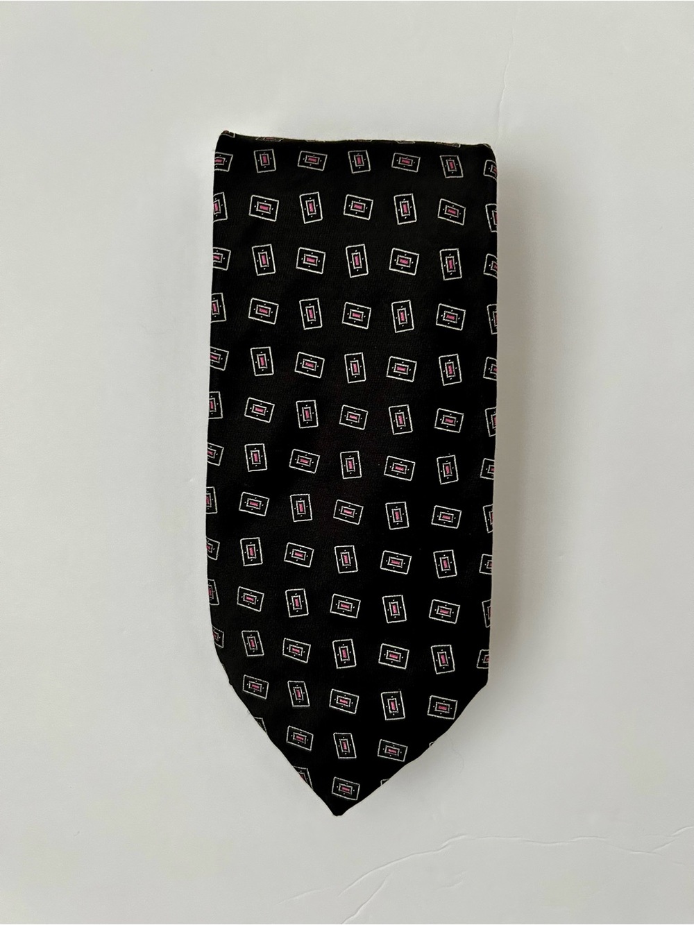 Vintage Brioni 100% Silk Necktie Tie Geometric Square-in-Square Black Pink